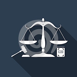 Symbol of law and justice. Concept law. Scales of justice, gavel and book icon isolated. Legal law and auction symbol