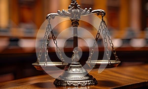 Symbol of law and justice in the empty courtroom law and Justice concept focus on the scales