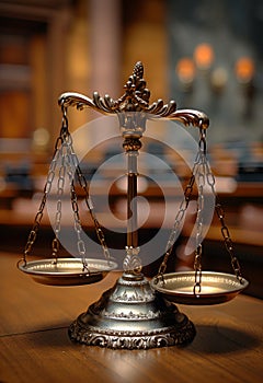 Symbol of law and justice in the empty courtroom law and Justice concept focus on the scales