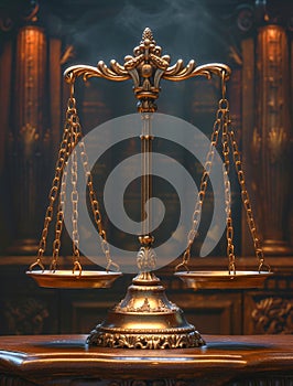 Symbol of law and justice. The scales of justice in the court library