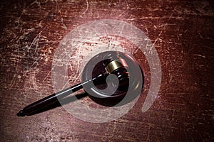 Symbol of law and justice on wooden table in lawyer office