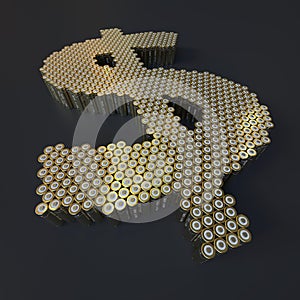 Dollar symbol made with batteries, wide shot. Modern technologies conceptual 3d rendering