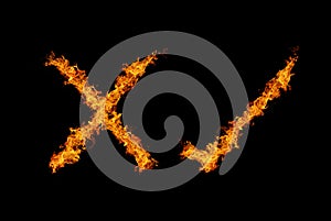 The symbol of the mark, right, wrong, of fire flame on a black background