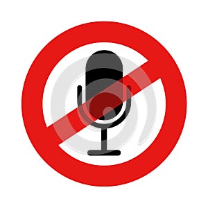 Symbol of mic, microphone and podcast is crossed out - muting recording of audio and podcast censorship.