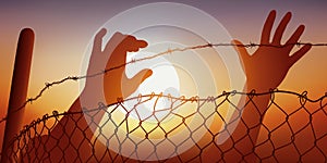 Symbol of migrant and oppressed peoples, with outstretched hands behind barbed wire.