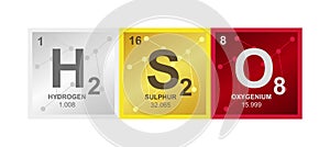 Symbol of mineral peroxydisulfuric acid or marshall`s acid H2S2O8 consisting from hydrogen, sulfur and oxygen atoms and molecules