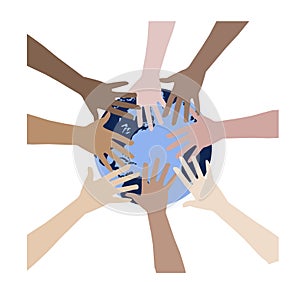 Symbol of multi-racial human hands surrounding the globe. Unity, world peace, people of the world holding a globe