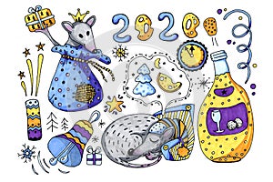 Symbol of the New Year 2020 is a rat, the mouse sleeps and dreams on New Year`s Eve and gives gifts. Hand drawing