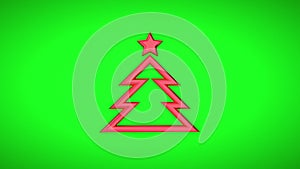 The symbol of New Year and Christmas on a green background. Red glossy Christmas tree with metal star. 3D animation of rotation.