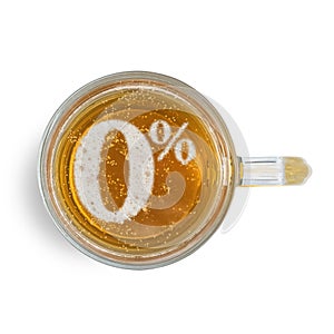 Symbol non alcoholic beer on the beer foam in glass isolated on white background. Top view photo