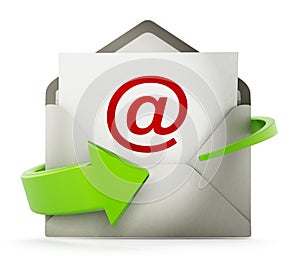 At symbol on open enveloppe. Internet and electronic mail concept. 3D illustration