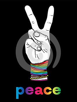 The symbol of pacifism and hippies is a hand with two fingers. Against racism, homophobia and war. Peace. Vector illustration. photo