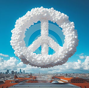 the symbol of peace made of clouds float in the sky
