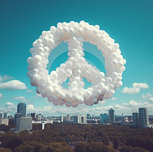 the symbol of peace made of clouds float in the sky