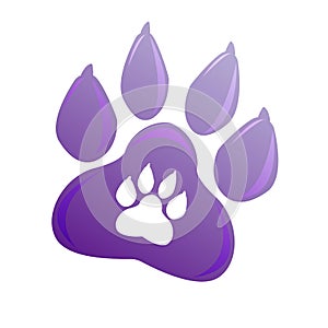 Symbol of pet paw. Animal sign for company, shop, web, medicine, veterinarian clinic. Vector emblem dog foot. Vioet