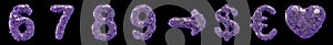 Symbol plastic set 6, 7, 8, 9, arrow, dollar, euro, heart made of 3d render plastic shards purple color.