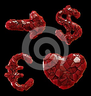 Symbol plastic set arrow, dollar, euro, heart made of 3d render plastic shards red color.