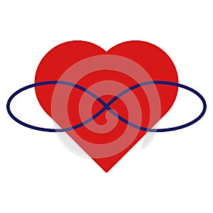 Symbol of polyamory. Heart and infinity. Endless love. White background and red heart with an infinity sign in blue photo