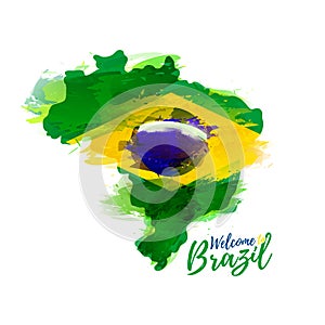 Symbol, poster, banner Brazil. Map of Brazil with the decoration of the national flag.