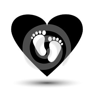 Symbol of pregnancy or childbirth. White baby footprints in black heart. Vector