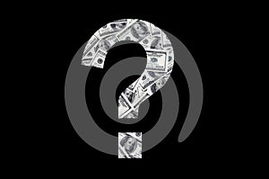 The symbol `Question` on a black background. A pattern from the set of scattered dollar bills as a filling characte