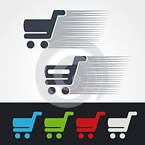 Symbol quick purchase, silhouette of shopping trolley. Simple shopping cart, add to cart item, buy button. Green, grey, blue, red