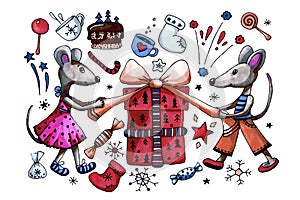 Symbol 2020 rat, mouse celebrate New Year and open gifts. Cartoon hand drawn illustration with markers. For the design