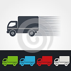 Symbol of rate of delivery, icon speed shipping of box, silhouette of truck. Green, grey, blue, red and white color.