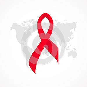 Symbol of realistic red ribbon on background of map. World AIDS day. 1 december. Healthcare concept.