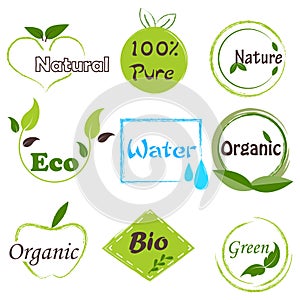 Symbol of recycle, organic, ecofriendly, pure, green, bio and agro natural tag for packaging and labelling