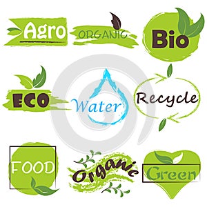 Symbol of recycle, organic, ecofriendly, pure, green, bio and agro natural tag for packaging and labelling