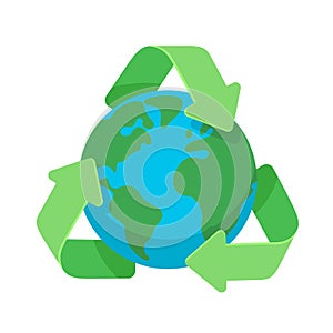 Symbol of recycling around green planet earth globe flat design icon for web and mobile, banner, infographics.