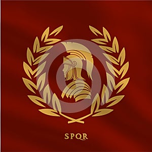 symbol of a roman warrior on a red flag in gold