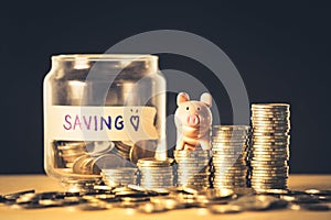 Symbol of saving money or plan for invest management concept. Stack of coins with piggy bank background texture. Inspiration