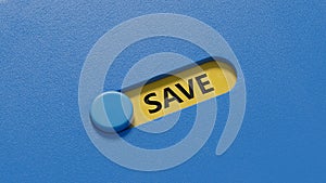 Symbol for saving or spending money. Dice form the word  save  while the word  spend  is visible in the reflection.