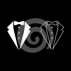 Symbol service dinner jacket bow Tuxedo concept Tux sign Butler gentleman idea Waiter suit icon set white color vector