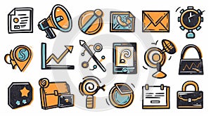 Symbol set of digital marketing, business online advertising campaign icons with megaphone, mobile phone, graph, target