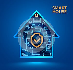 Symbol silhouette smart house with icons of household appliances. The shield icon