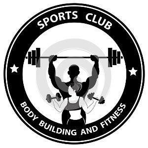 Symbol with silhouettes of man with barbell and woman with dumbbell as a round design for logo