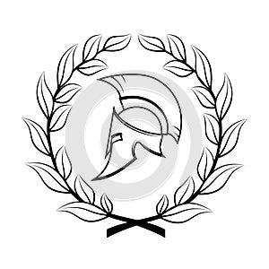 Symbol a Spartan helmet in a laurel wreath.