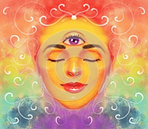 Symbol of spiritual awakening, opening of the third eye. Meditation, Zen. Multicolor portrait of woman with third eye and closed