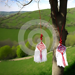 The symbol of spring white and red is a martisor in the form of a cross on a tree. Handmade folklore martenica, for good