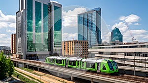 A symbol of the sustainable future of transportation in urban areas. This modern and stylish train, powered by renewable energy