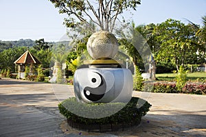Symbol of Taoism or Daoism called Yin yang ancient chinese philosophy in outdoor of decoration garden for thai people and foreign photo