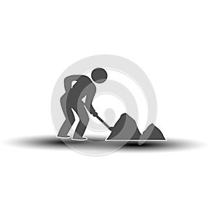 Symbol of under construction. Silhouette of man - worker. Icon of laborer throws shovel.