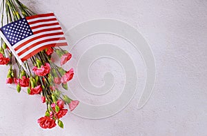 Symbol of United States of America. American flag and flowers on white background