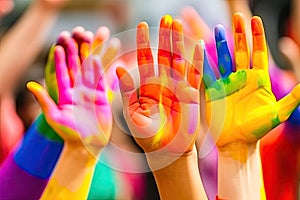 Symbol of unity: hands raised with the colors of the LGBT rainbow flag - Generative AI