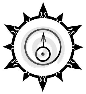 Symbol of Uranus in stylized sun, tattoo, black and white, isolated.