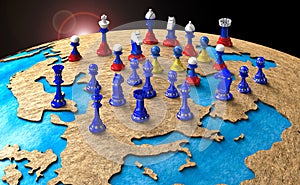 Symbol of war and geopolitics in the world with chess pieces. 3D illustration