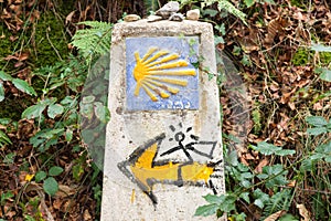 Symbol of the Way of Saint James, or Camino de Santiago, with a yellow shell and a yellow arrow with a man on it